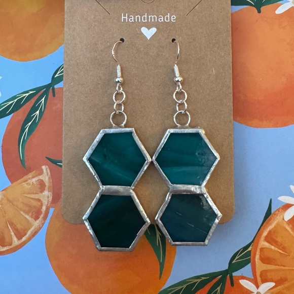 Hand Crafted Jewelry - Handmade Imperfect Blue Stained Glass Hexagon Earrings